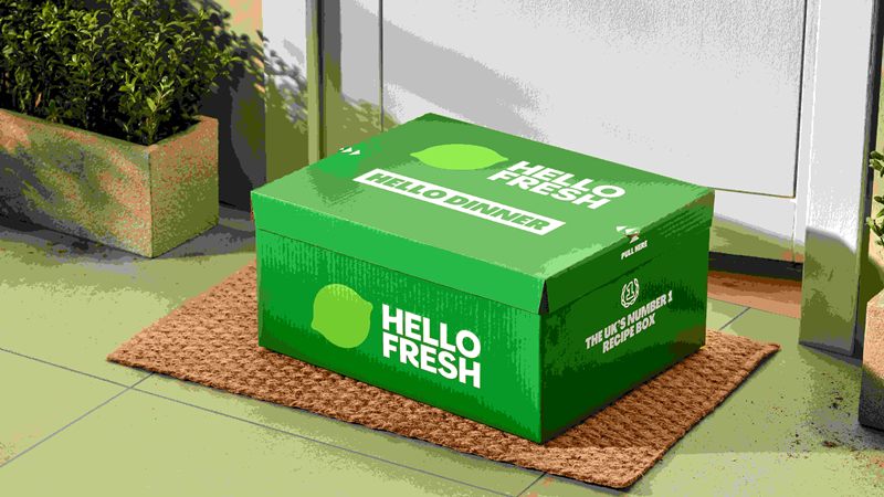 A HelloFresh box delivered to a front door